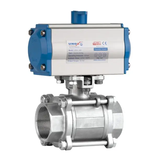 3 Pieces Stainless Steel Ball Valve With Double Acting Pneumatic Actuator - Threaded