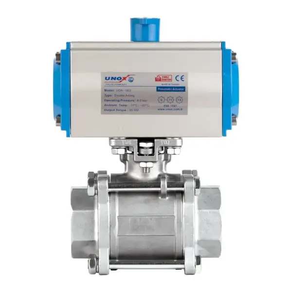 3 Pieces Stainless Steel Ball Valve With Double Acting Pneumatic Actuator - Threaded 1/2"