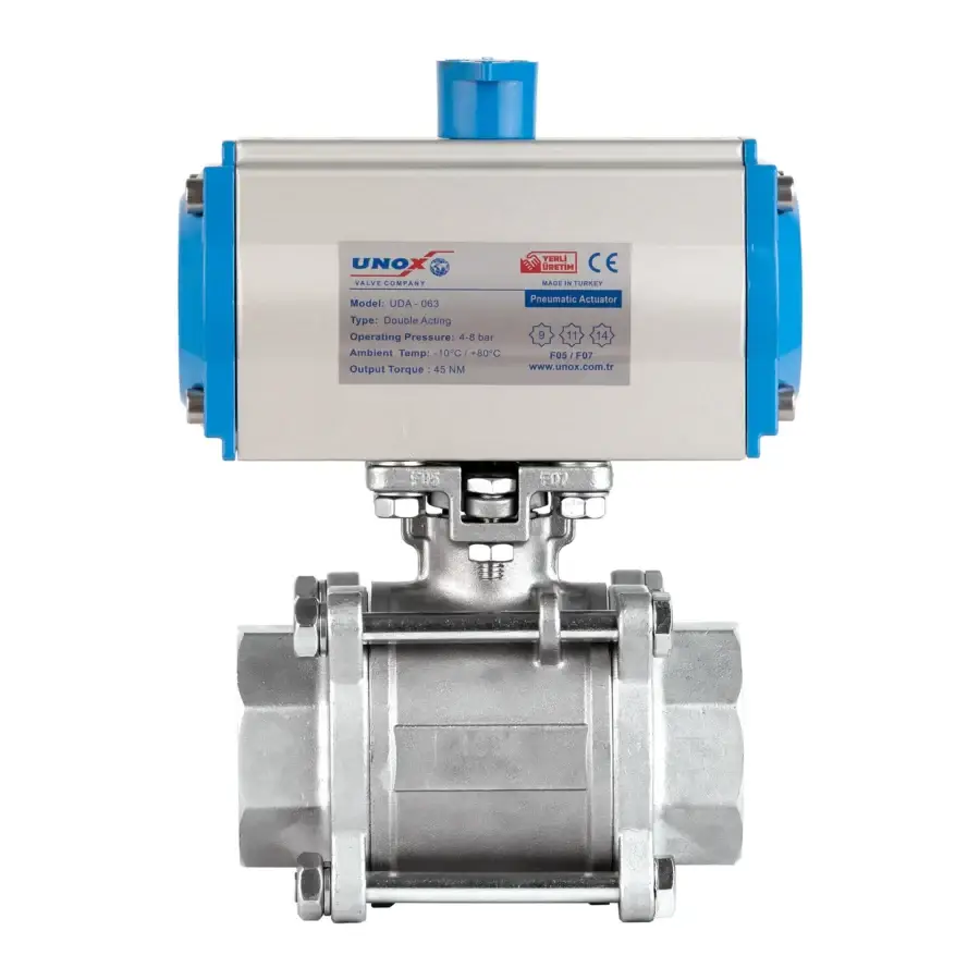 3 Pieces Stainless Steel Ball Valve With Double Acting Pneumatic Actuator - Threaded 1/2"