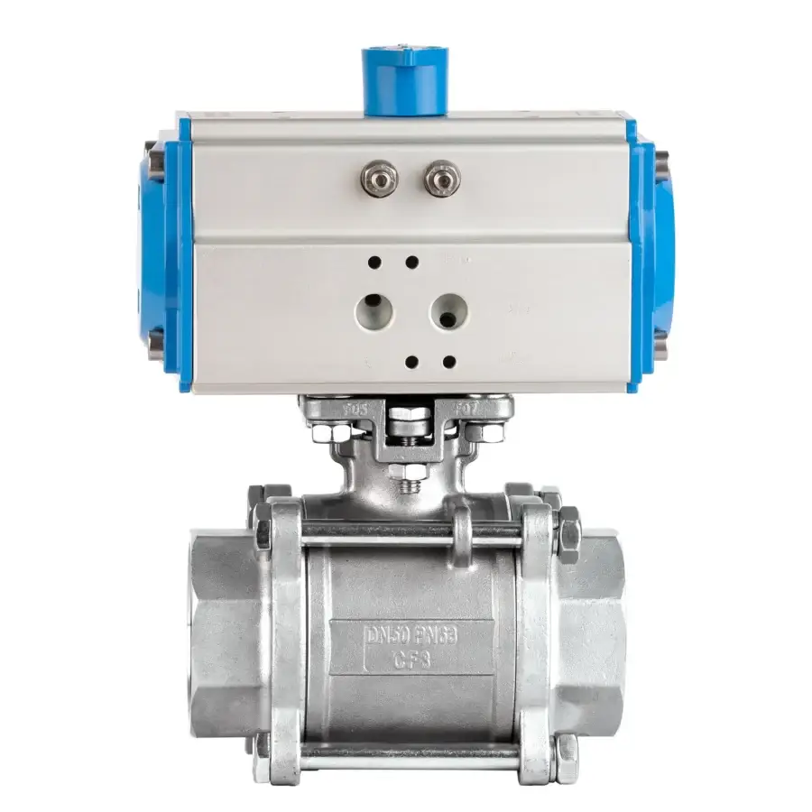 3 Pieces Stainless Steel Ball Valve With Double Acting Pneumatic Actuator - Threaded 3/4"