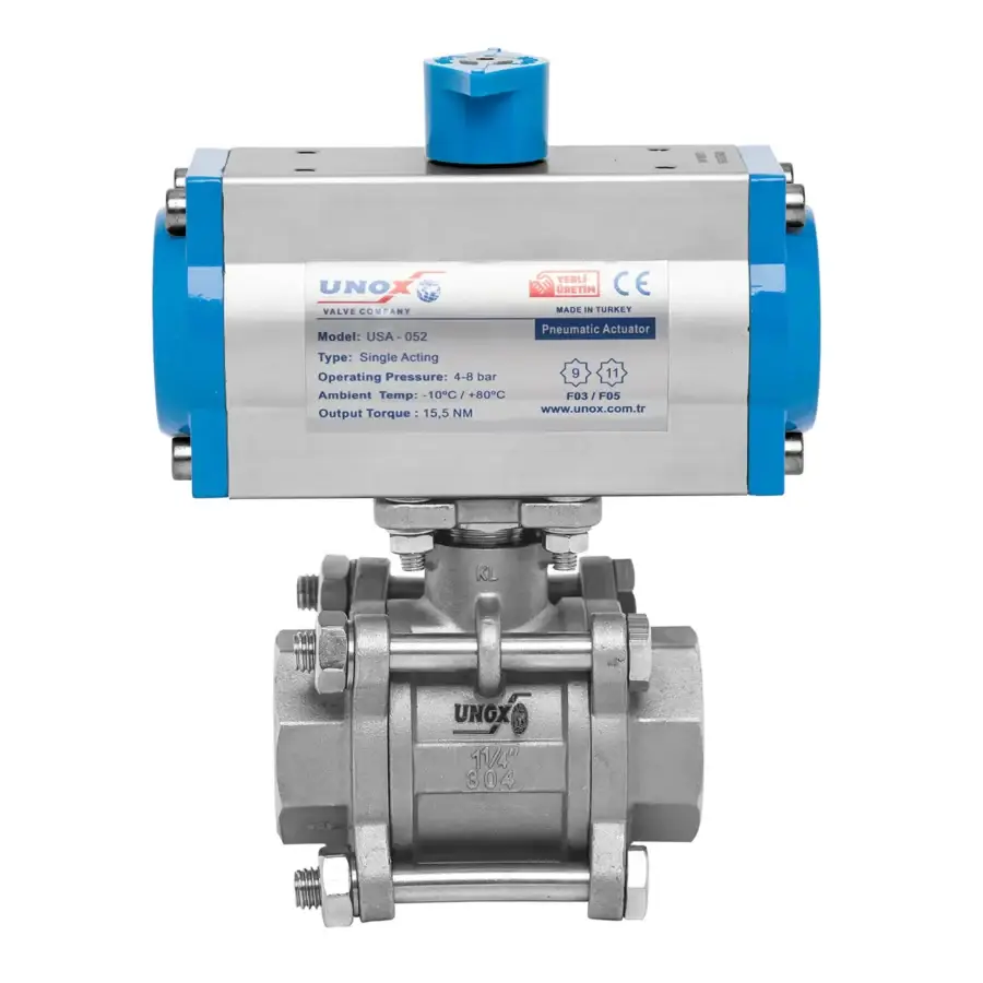 UNOX 3 Pieces Stainless Steel Ball Valve With Double Acting Pneumatic Actuator - Threaded - Image 5