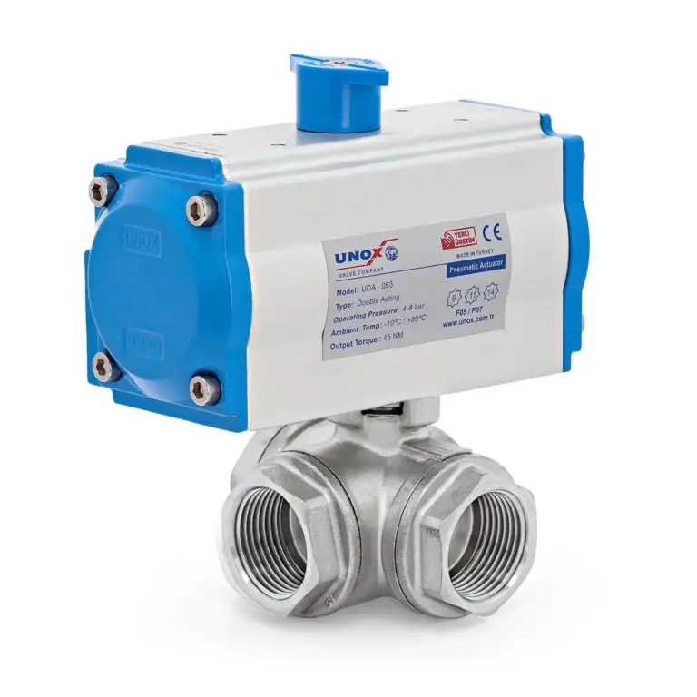 3 Way L-Port Ball Valve With Double Acting Pneumatic Actuator 1/2"