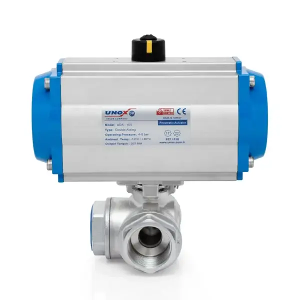 3 Way T-Port Ball Valve With Double Acting Pneumatic Actuator 1"