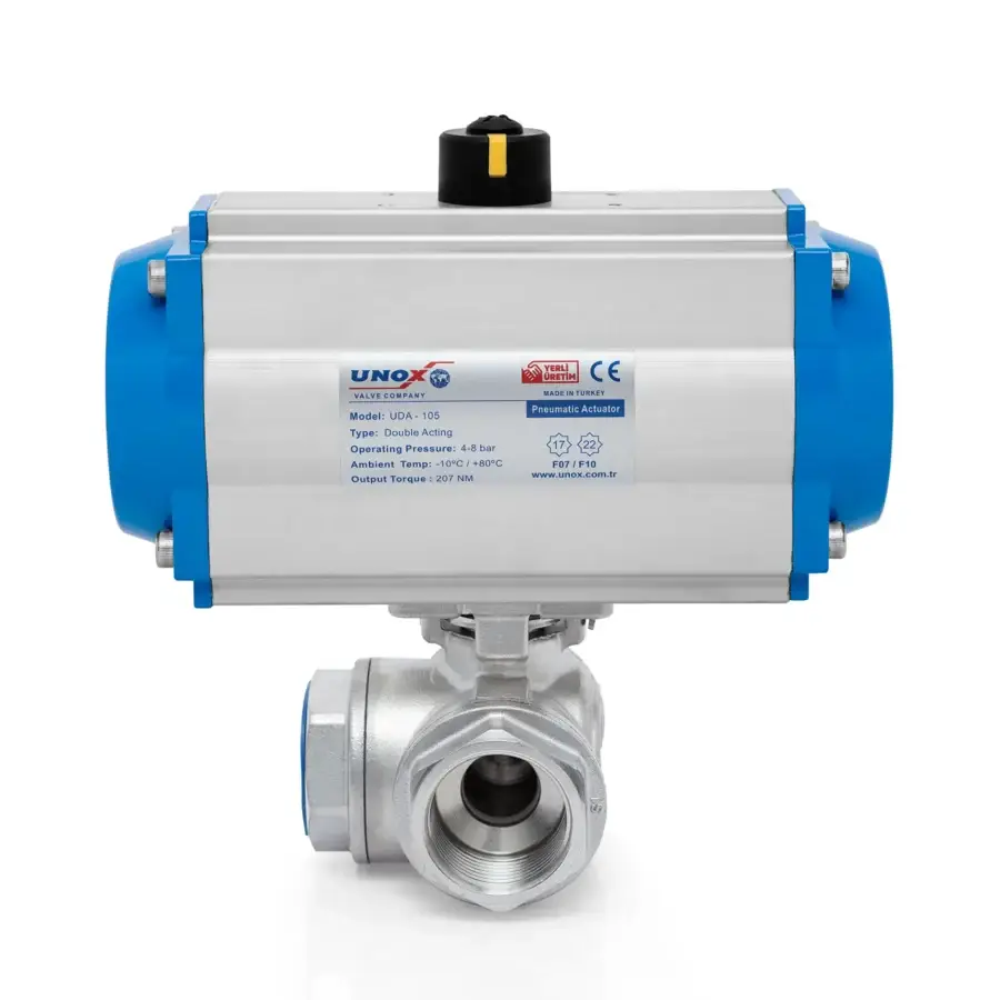 3 Way T-Port Ball Valve With Double Acting Pneumatic Actuator 1"